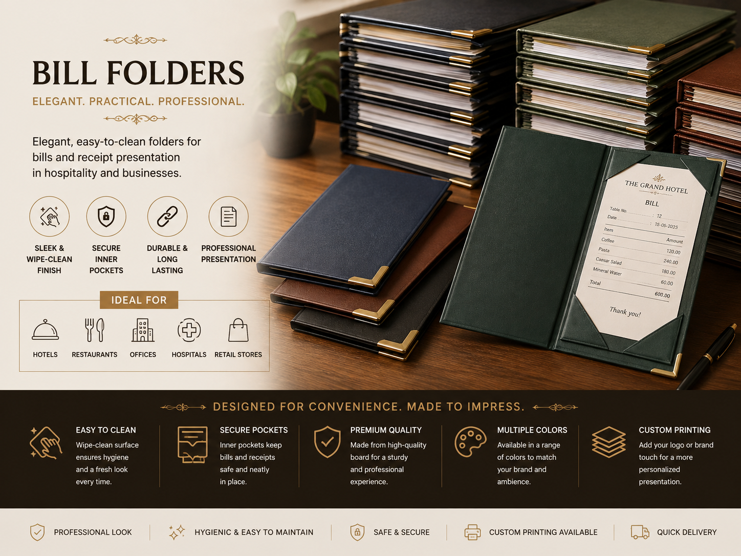 Leatherette bill folders for restaurant and hotel